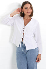 Peyton Top - Linen Tie Down Front Long Sleeve Lined Top in White