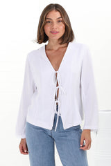 Peyton Top - Linen Tie Down Front Long Sleeve Lined Top in White