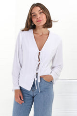 Peyton Top - Linen Tie Down Front Long Sleeve Lined Top in White