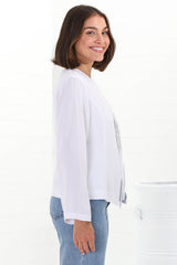 Peyton Top - Linen Tie Down Front Long Sleeve Lined Top in White