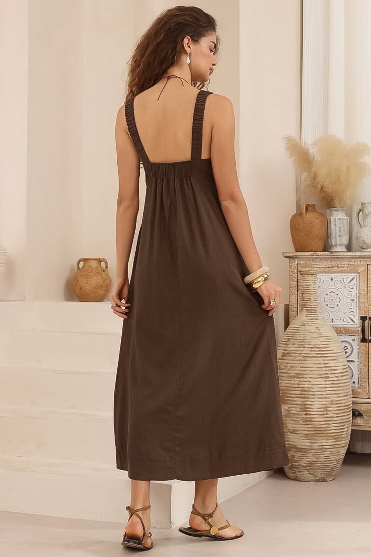 Phoenix Maxi Dress - Linen Blend A-Line Dress with Pockets in Chocolate