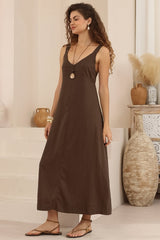 Phoenix Maxi Dress - Linen Blend A-Line Dress with Pockets in Chocolate