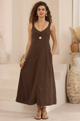 Phoenix Maxi Dress - Linen Blend A-Line Dress with Pockets in Chocolate