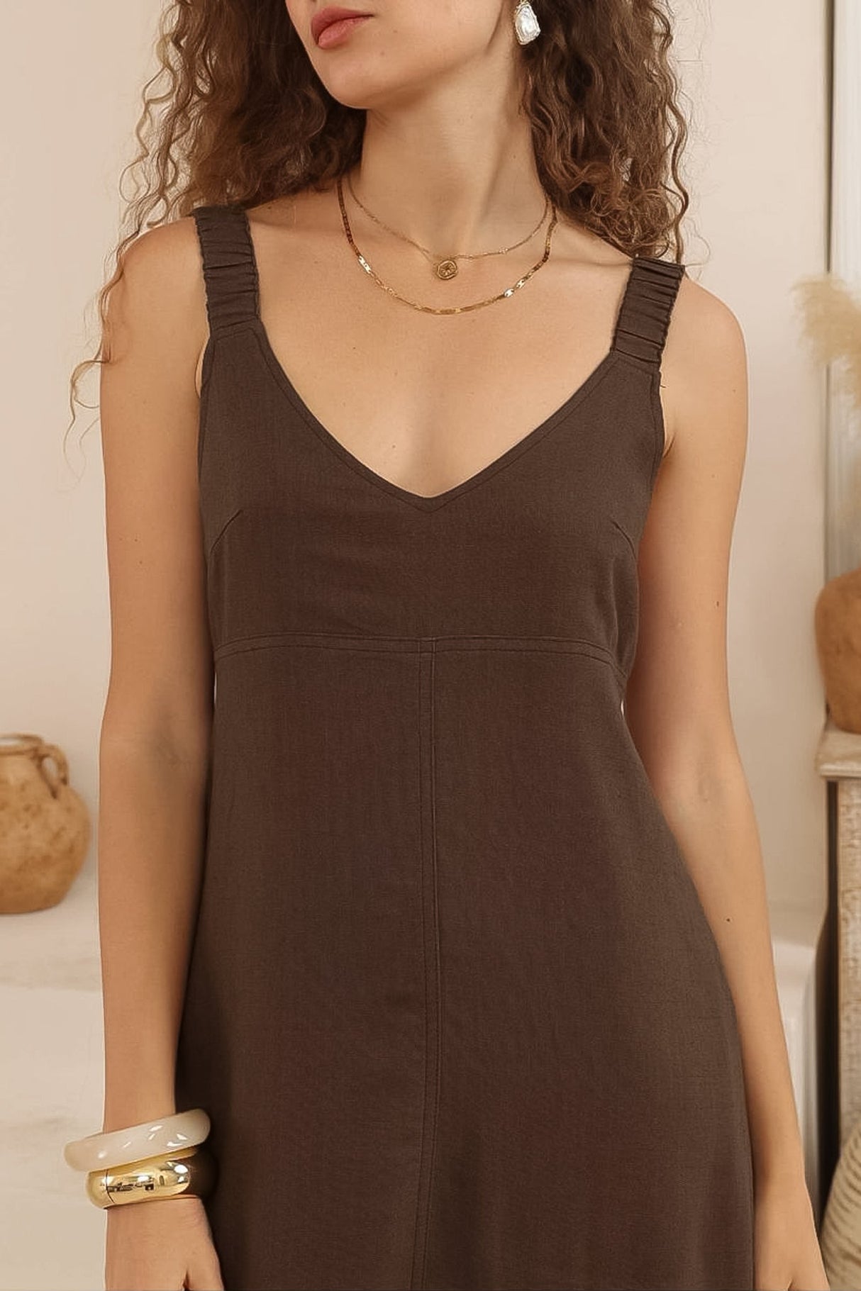 Phoenix Maxi Dress - Linen Blend A-Line Dress with Pockets in Chocolate