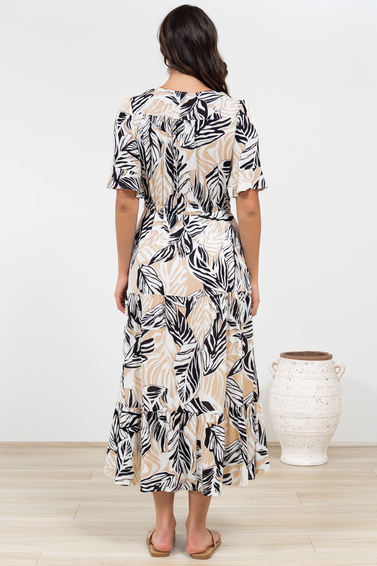 Phinny Maxi Dress - V-Neck Tiered Dress with Pull Tie Waist in Chicago Print