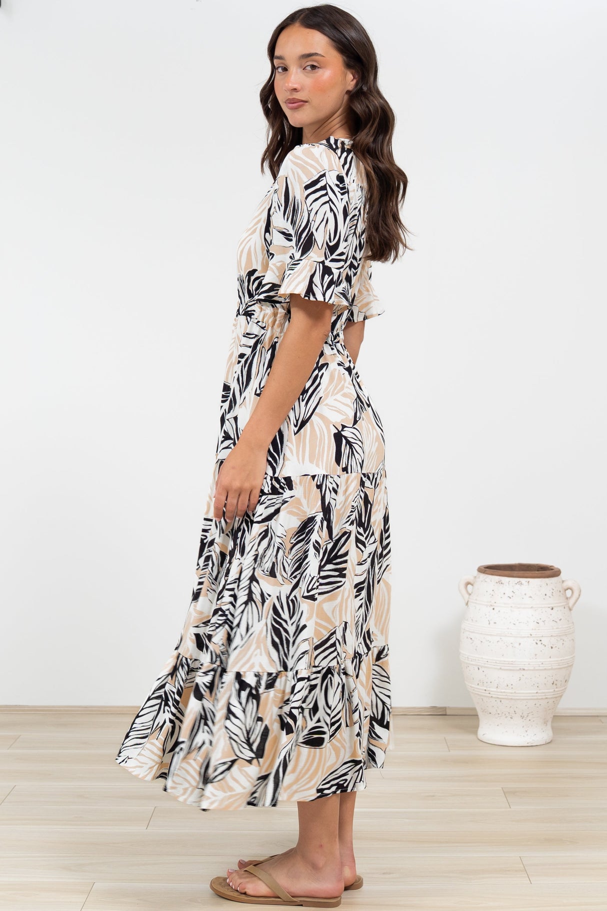 Phinny Maxi Dress - V-Neck Tiered Dress with Pull Tie Waist in Chicago Print