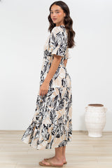 Phinny Maxi Dress - V-Neck Tiered Dress with Pull Tie Waist in Chicago Print