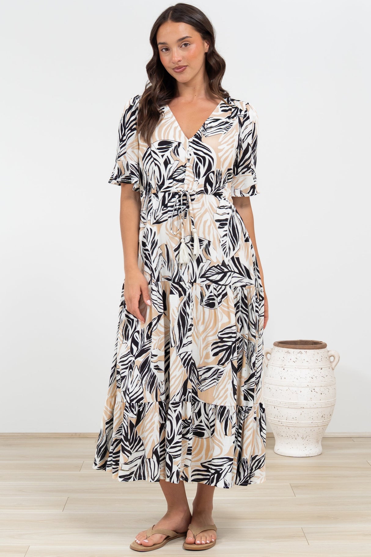 Phinny Maxi Dress - V-Neck Tiered Dress with Pull Tie Waist in Chicago Print