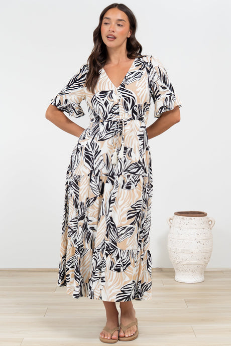 Phinny Maxi Dress - V-Neck Tiered Dress with Pull Tie Waist in Chicago Print