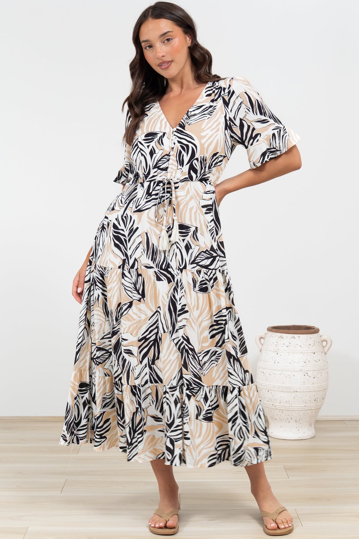 Phinny Maxi Dress - V-Neck Tiered Dress with Pull Tie Waist in Chicago Print