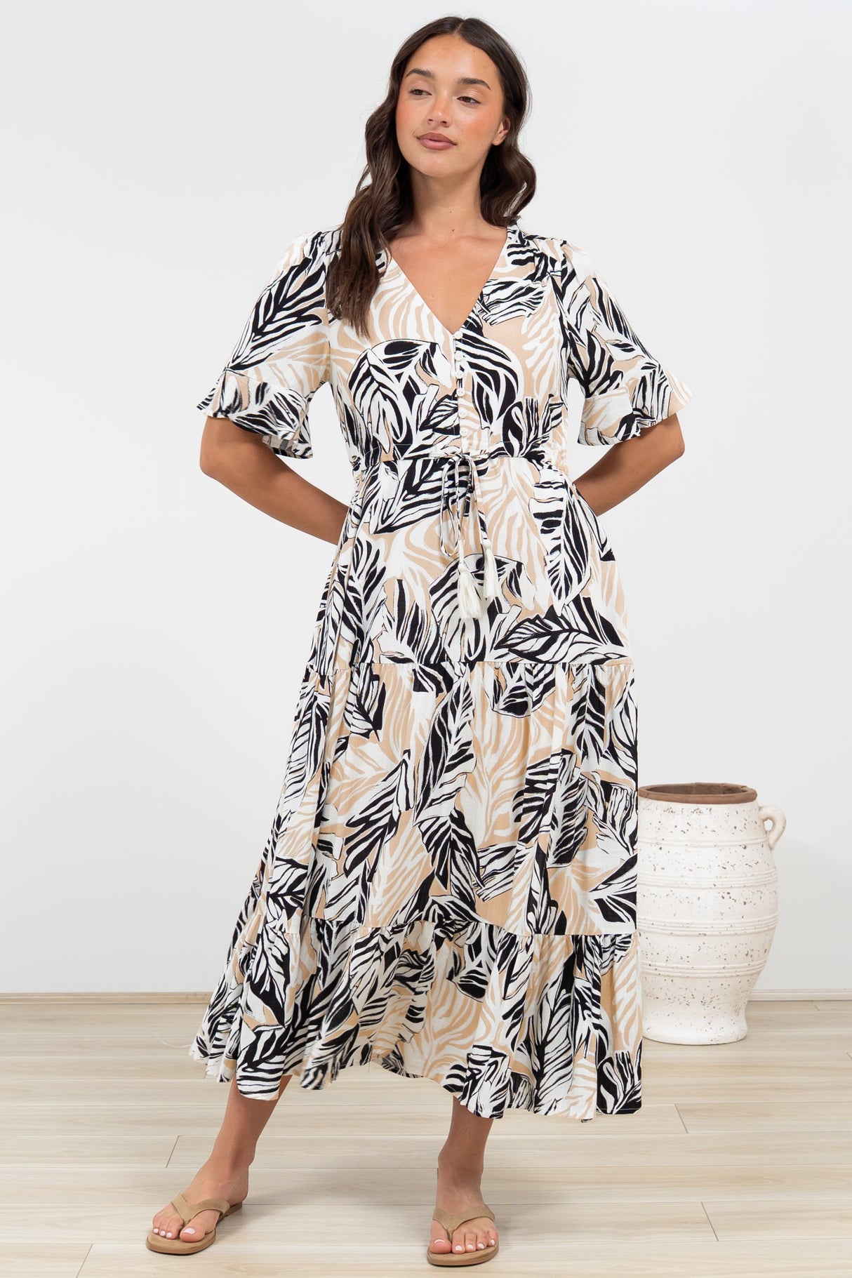 Phinny Maxi Dress - V-Neck Tiered Dress with Pull Tie Waist in Chicago Print