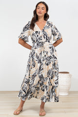 Phinny Maxi Dress - V-Neck Tiered Dress with Pull Tie Waist in Chicago Print