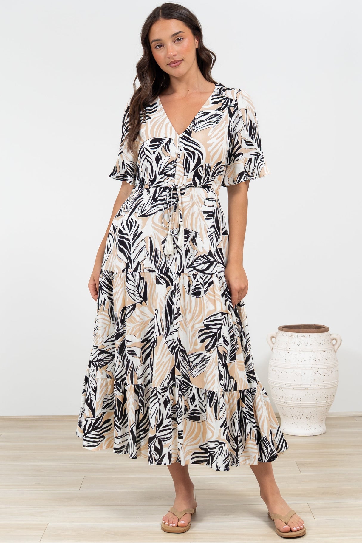 Phinny Maxi Dress - V-Neck Tiered Dress with Pull Tie Waist in Chicago Print