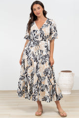 Phinny Maxi Dress - V-Neck Tiered Dress with Pull Tie Waist in Chicago Print