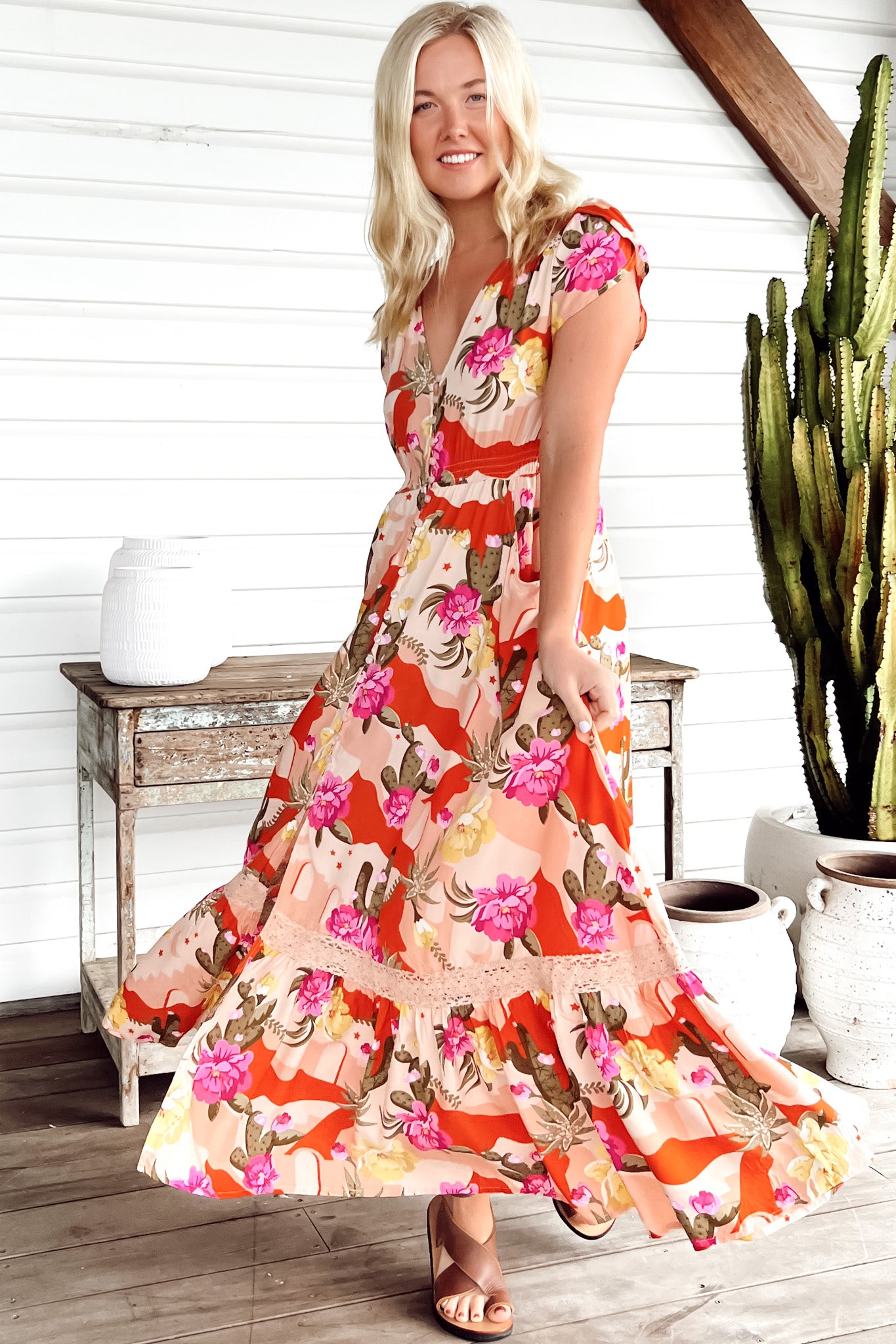 JAASE - Carmen Maxi Dress: Butterfly Cap Sleeve Button Down A Line Dress with Lace Trim in Agave Print
