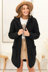 Toolara Cardigan - Thick Cable Knit Hooded Cardigan with Pocket in Black