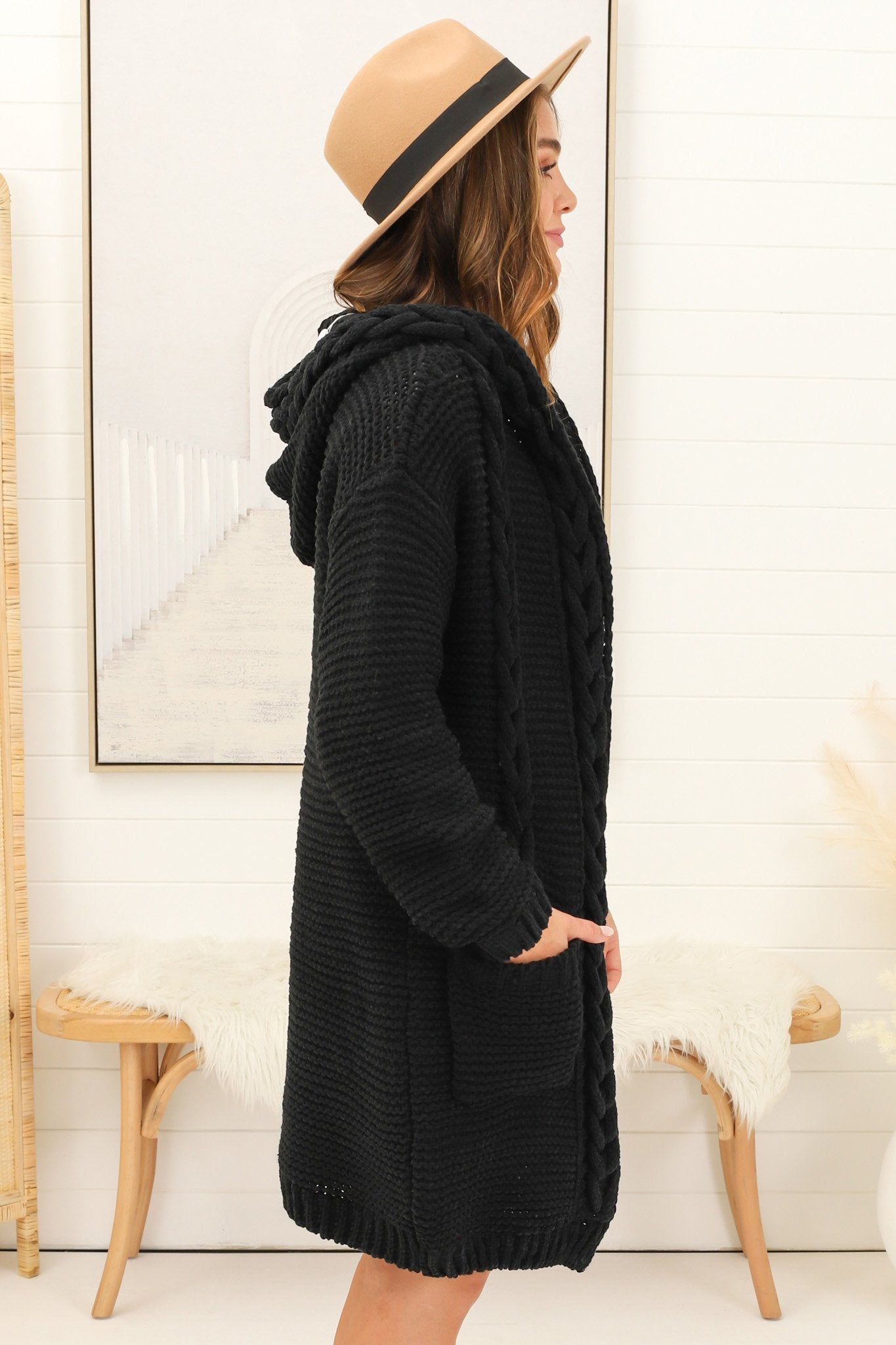 Toolara Cardigan - Thick Cable Knit Hooded Cardigan with Pocket in Black
