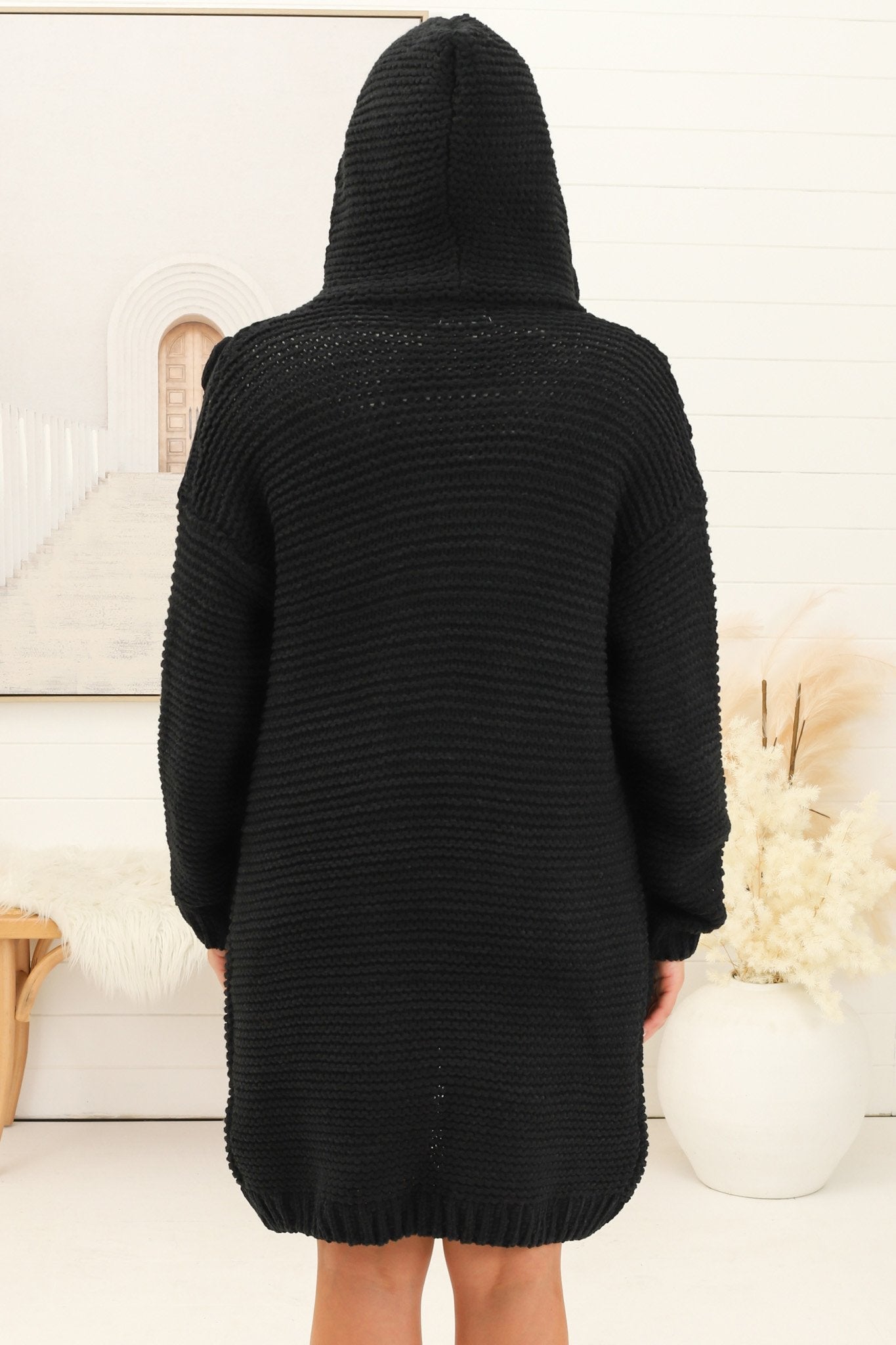 Toolara Cardigan - Thick Cable Knit Hooded Cardigan with Pocket in Black