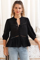 Piera Blouse - Delicate Lace Detailed Buttoned Top with Balloon Sleeves in Black
