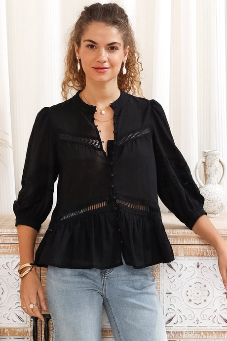 Piera Blouse - Delicate Lace Detailed Buttoned Top with Balloon Sleeves in Black