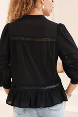 Piera Blouse - Delicate Lace Detailed Buttoned Top with Balloon Sleeves in Black