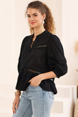 Piera Blouse - Delicate Lace Detailed Buttoned Top with Balloon Sleeves in Black