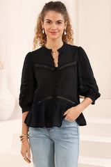 Piera Blouse - Delicate Lace Detailed Buttoned Top with Balloon Sleeves in Black