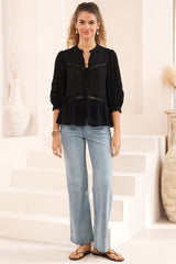 Piera Blouse - Delicate Lace Detailed Buttoned Top with Balloon Sleeves in Black