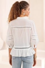 Piera Blouse - Delicate Lace Detailed Buttoned Top with Balloon Sleeves in White