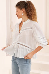 Piera Blouse - Delicate Lace Detailed Buttoned Top with Balloon Sleeves in White