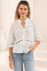 Piera Blouse - Delicate Lace Detailed Buttoned Top with Balloon Sleeves in White