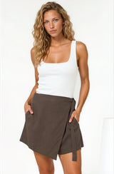 Pietra Skorts - Front Wrap with Tie and Shorts with Pockets in Chocolate