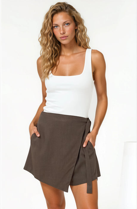 Pietra Skorts - Front Wrap with Tie and Shorts with Pockets in Chocolate