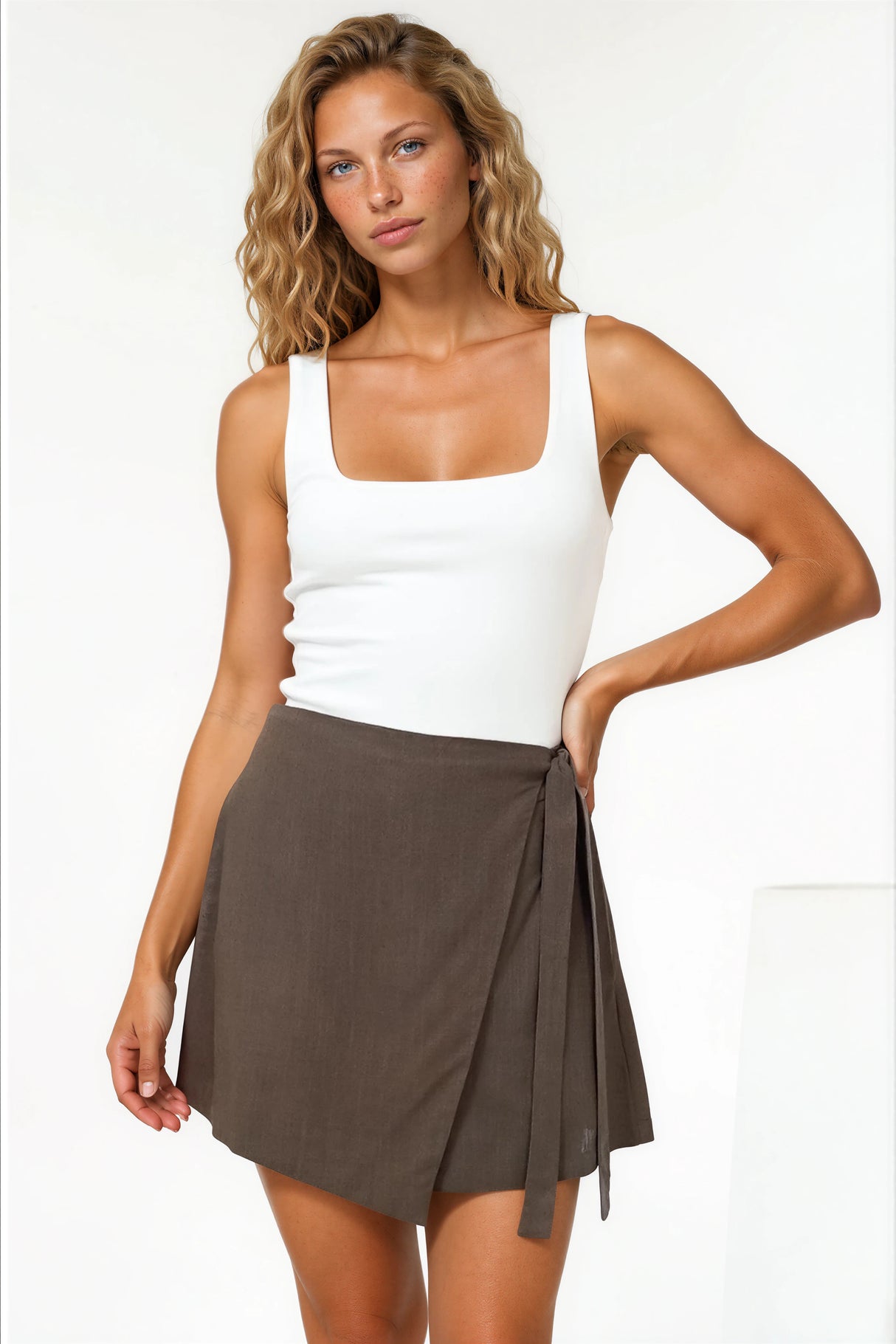 Pietra Skorts - Front Wrap with Tie and Shorts with Pockets in Chocolate