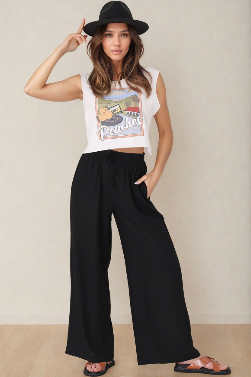 Leslie Linen Pants - Linen Elasticated Waist Straight Leg Pants in Black