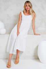 Pina Midi Dress - Scoop Neck Textured Cotton Sun Dress in White