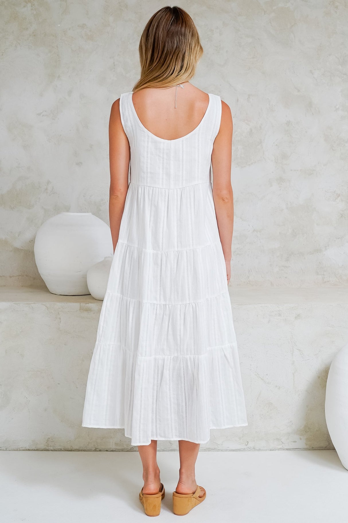 Pina Midi Dress - Scoop Neck Textured Cotton Sun Dress in White