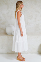 Pina Midi Dress - Scoop Neck Textured Cotton Sun Dress in White