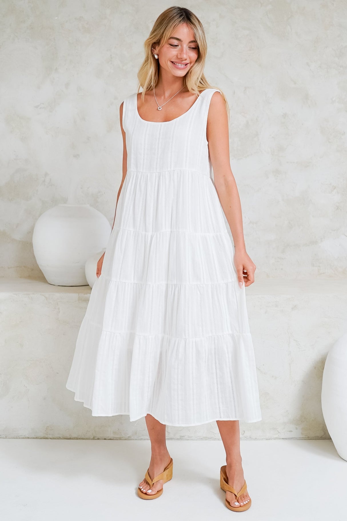 Pina Midi Dress - Scoop Neck Textured Cotton Sun Dress in White