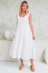 Pina Midi Dress - Scoop Neck Textured Cotton Sun Dress in White