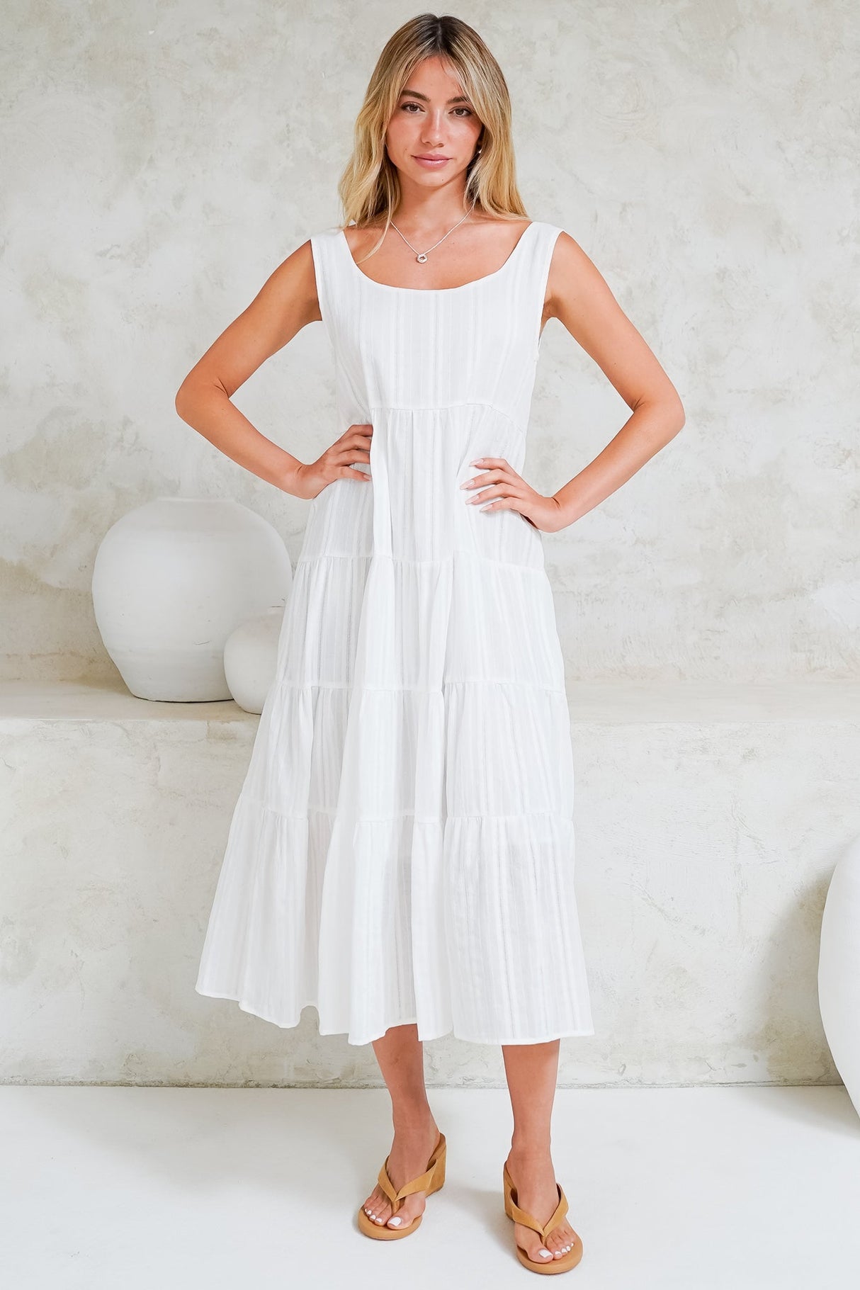 Pina Midi Dress - Scoop Neck Textured Cotton Sun Dress in White