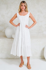 Pina Midi Dress - Scoop Neck Textured Cotton Sun Dress in White