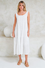 Pina Midi Dress - Scoop Neck Textured Cotton Sun Dress in White