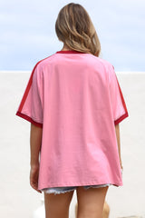Pink 11 Tee - Graphic Print Short Sleeve T-Shirt with Racer Stripe Sleeves in Pink