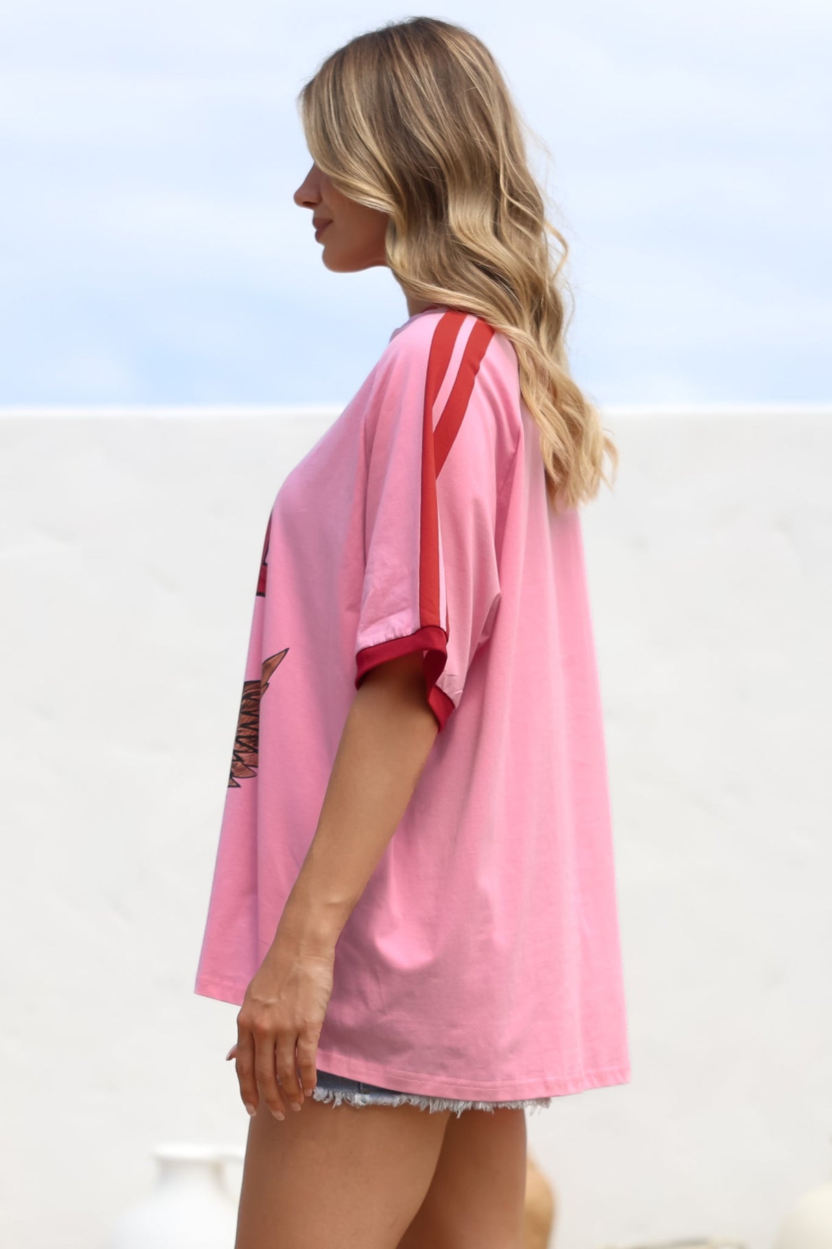 Pink 11 Tee - Graphic Print Short Sleeve T-Shirt with Racer Stripe Sleeves in Pink