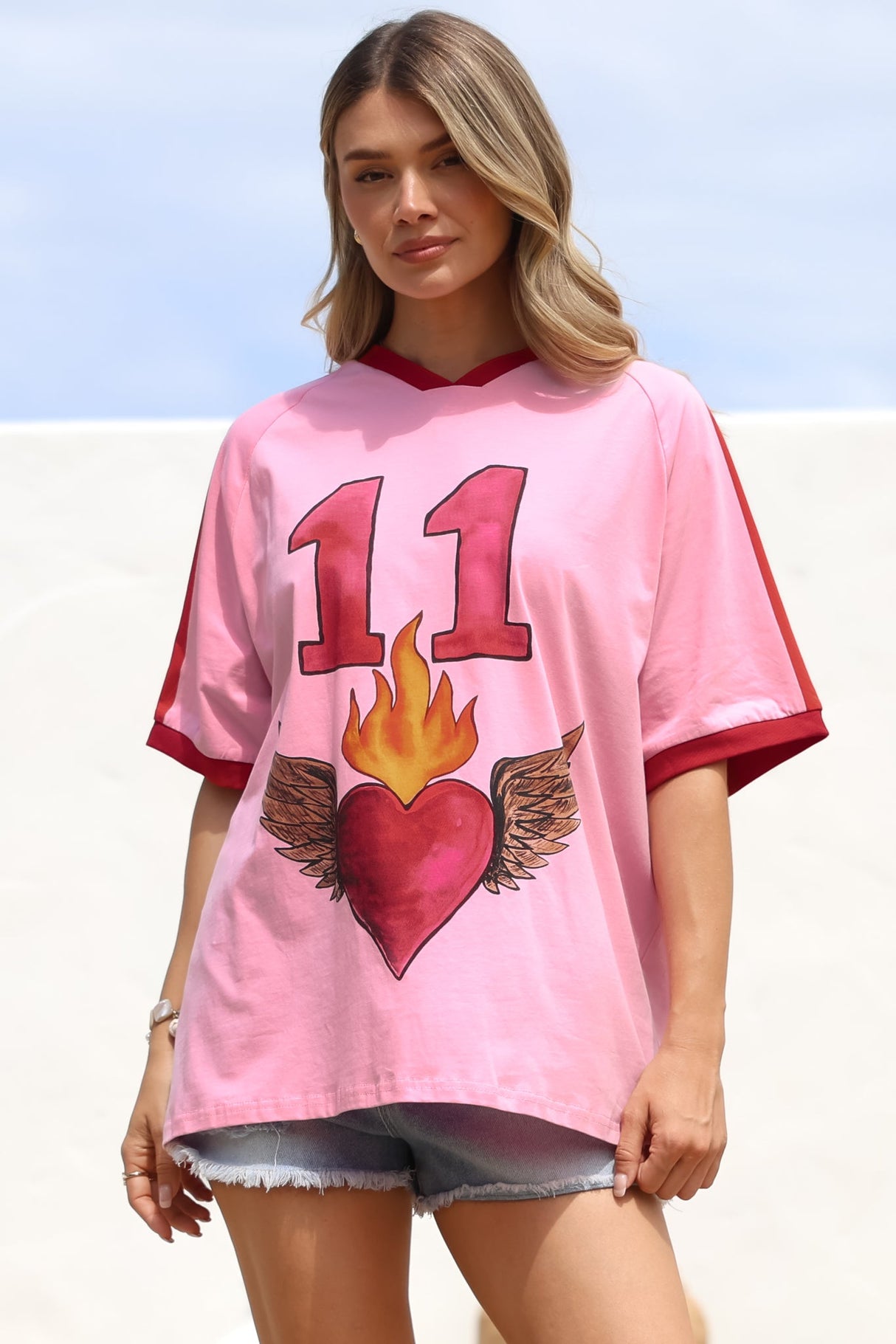 Pink 11 Tee - Graphic Print Short Sleeve T-Shirt with Racer Stripe Sleeves in Pink