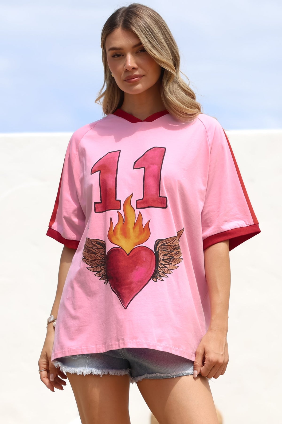 11 Tee Graphic Print Short Sleeve T Shirt Racer Stripe Sleeves