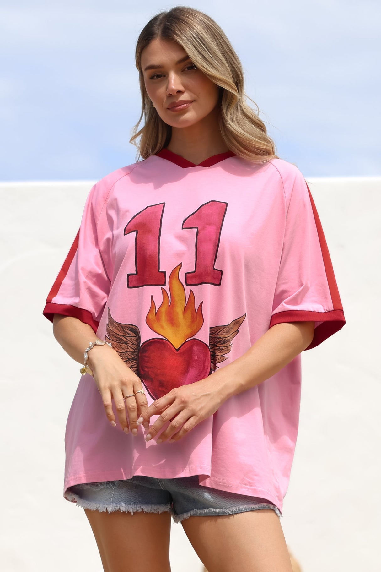 Pink 11 Tee - Graphic Print Short Sleeve T-Shirt with Racer Stripe Sleeves in Pink