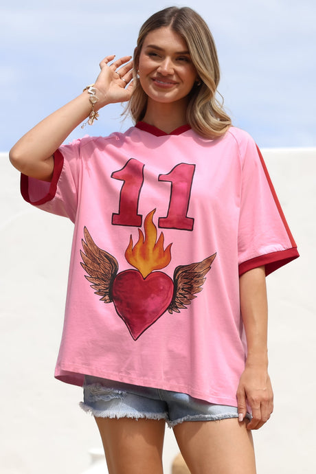 Pink 11 Tee - Graphic Print Short Sleeve T-Shirt with Racer Stripe Sleeves in Pink