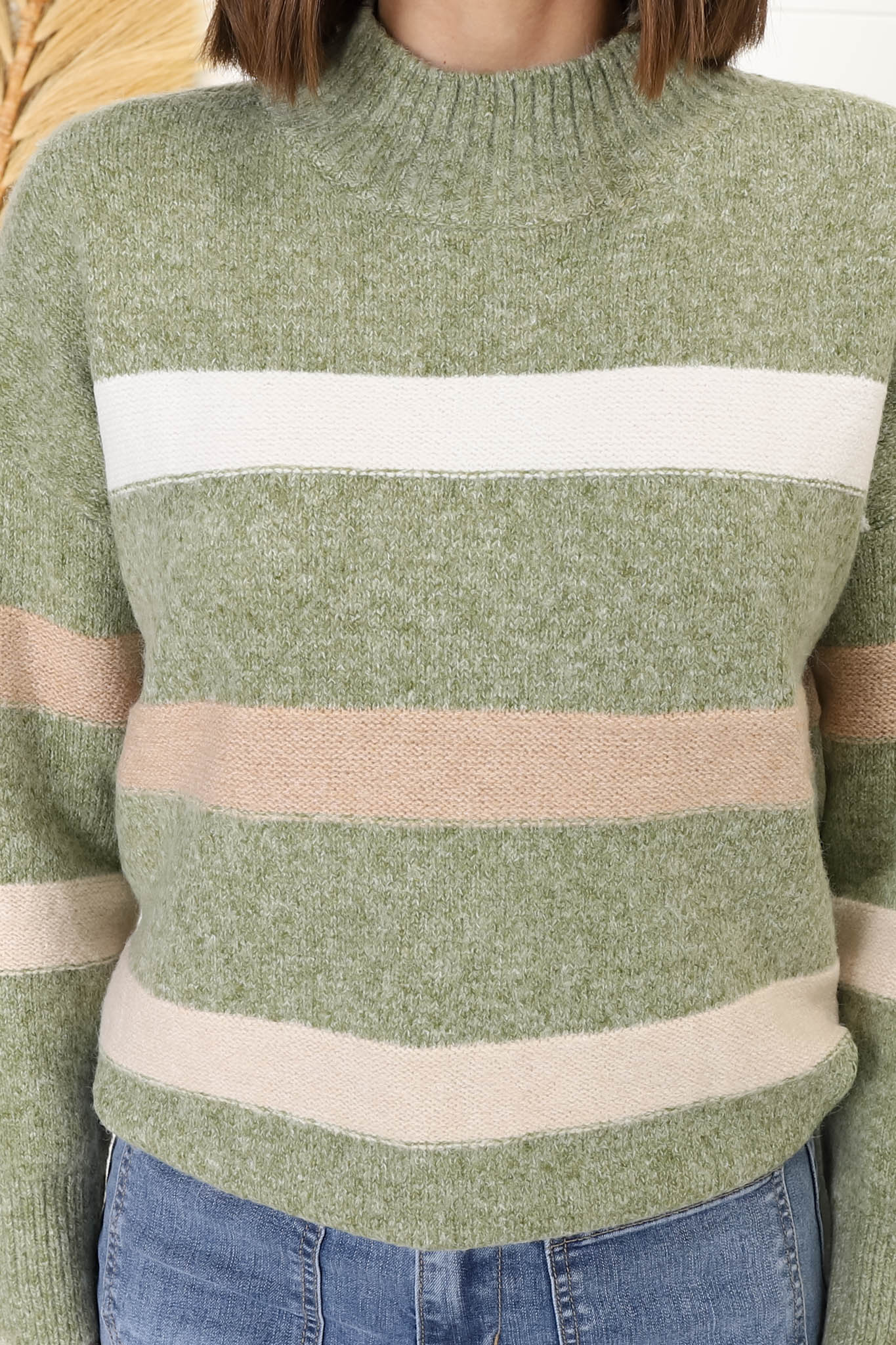 Piper Jumper - High Collar Stripe Wool Blend Jumper in Green